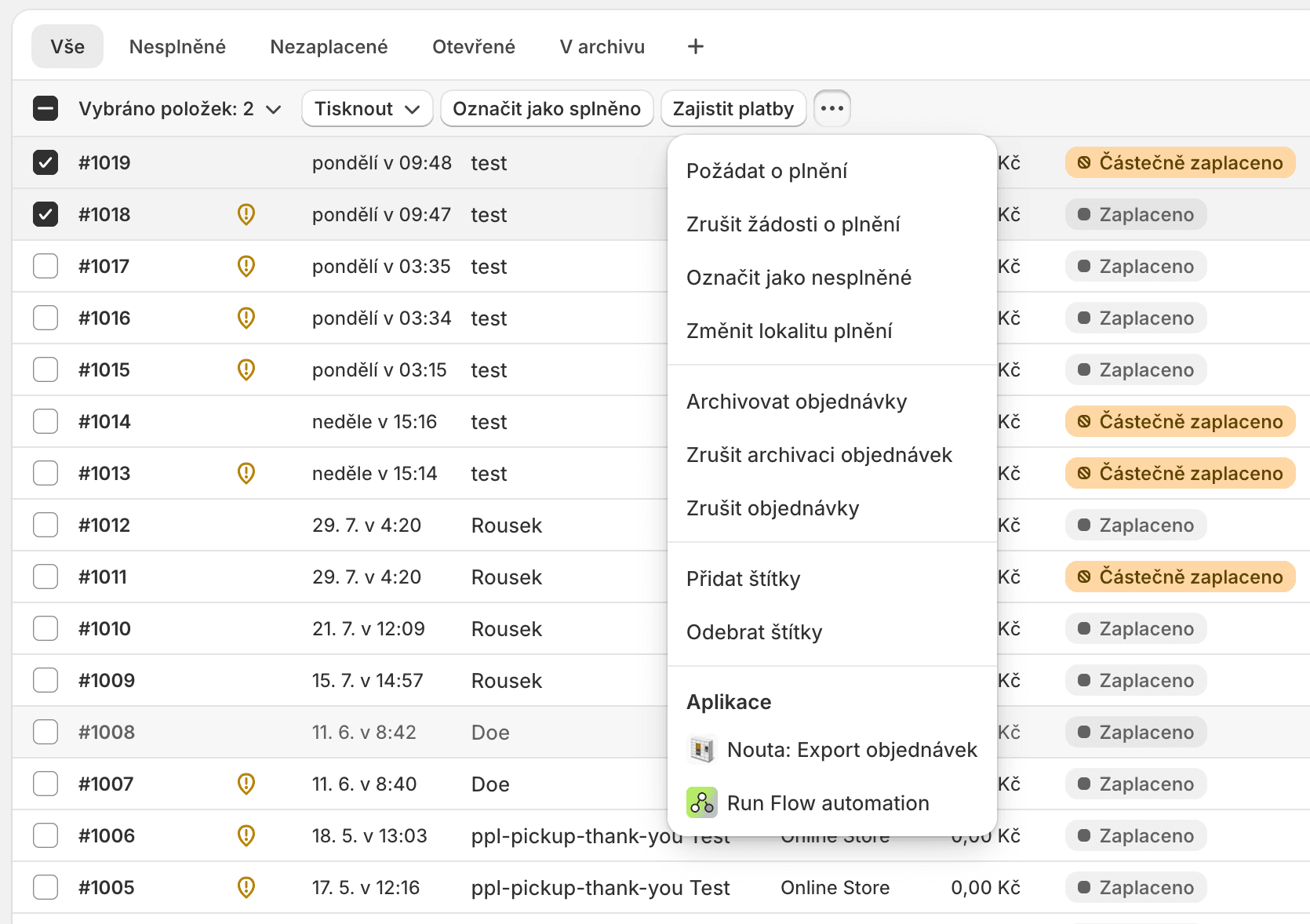 Export objednávek ze seznamu v Shopify administraci