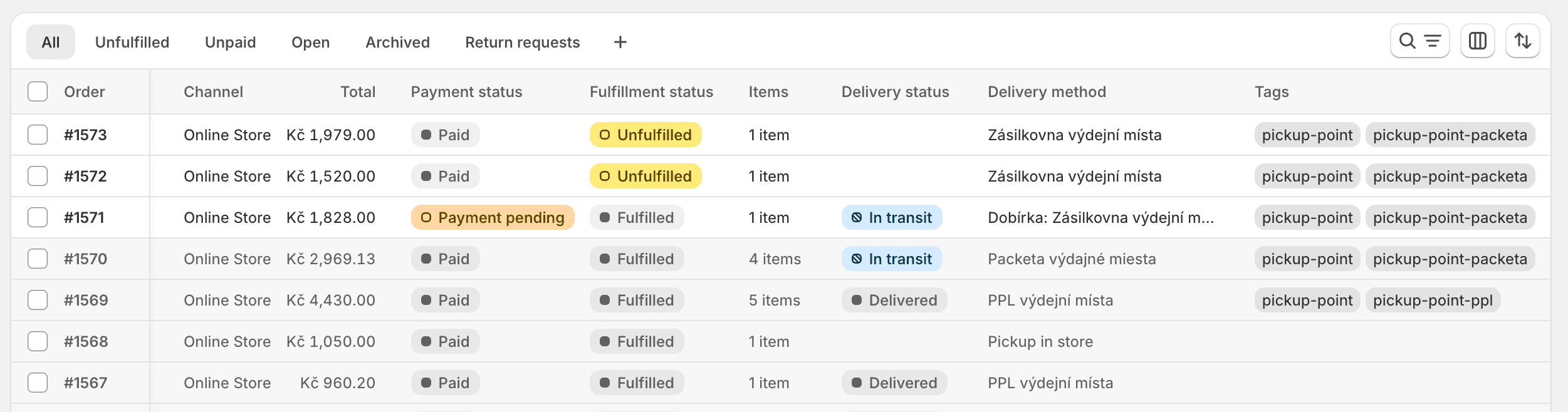 Seznam objednávek se stavy doručení