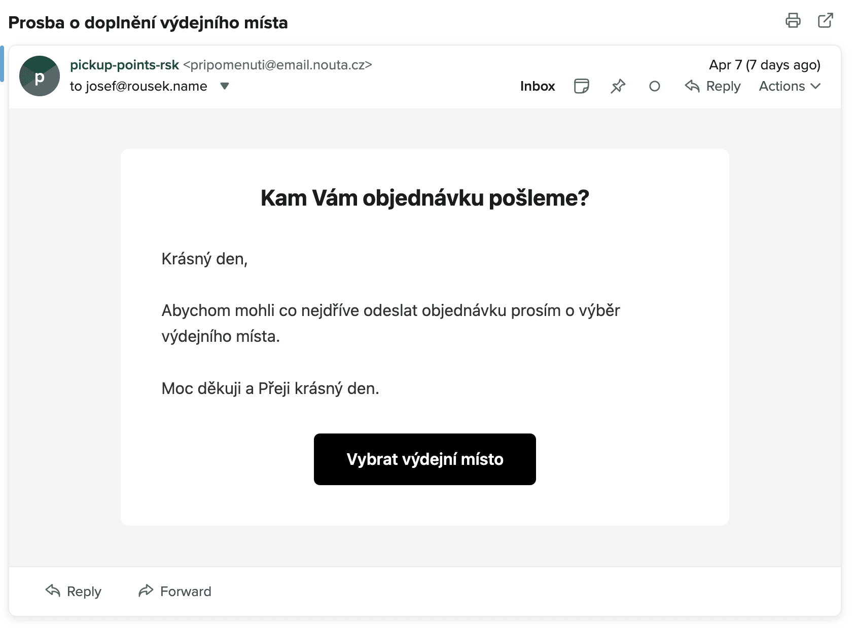 E-mail s připomenutím výběru výdejního místa