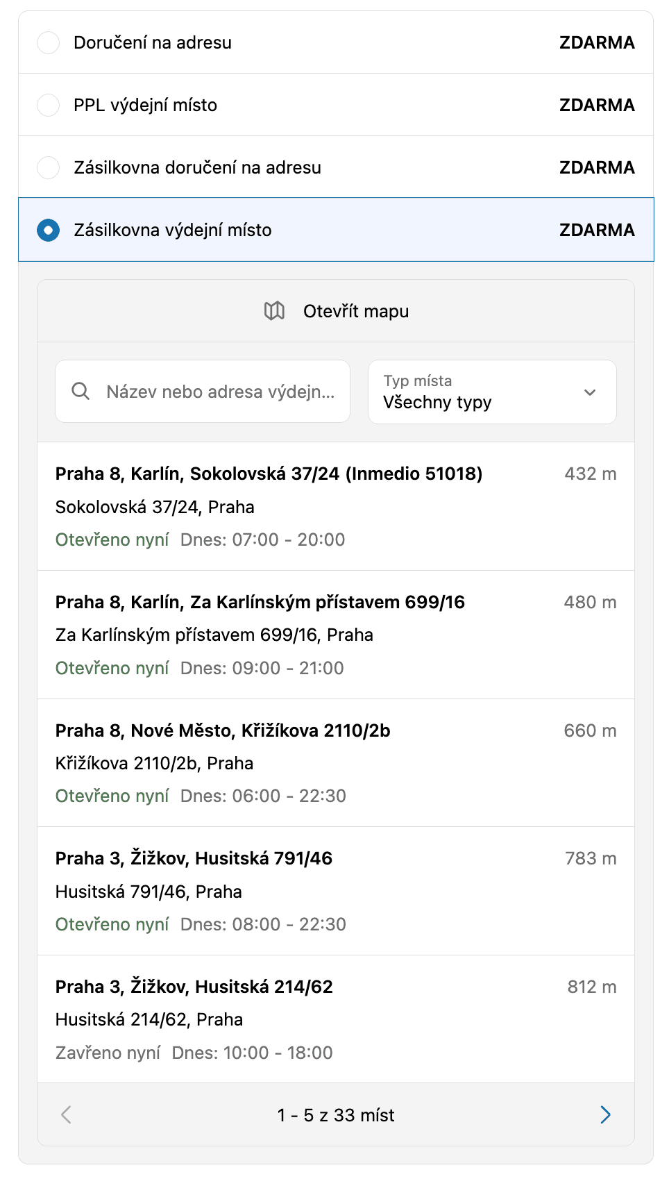 Výběr výdejního místa s mapou
